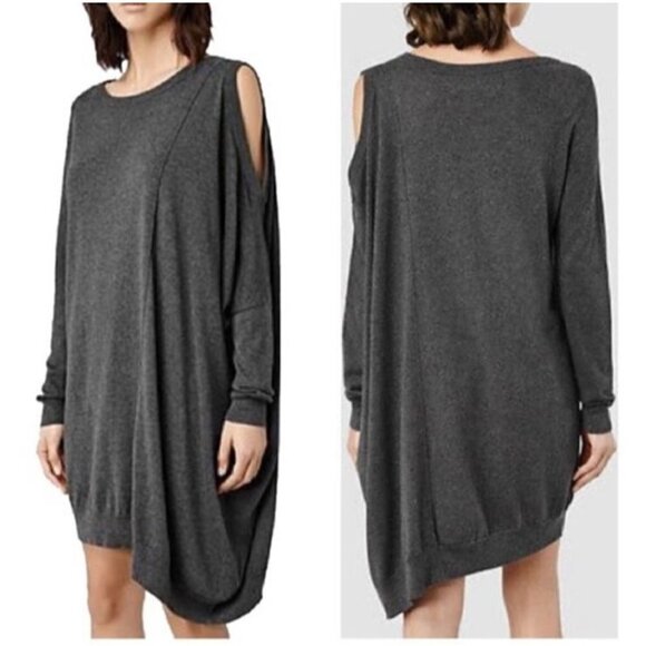 All Saints Sago Sweater Dress Gray Silk Blend Asymmetrical Cut Out Shoulder Sz 2 - Picture 10 of 10